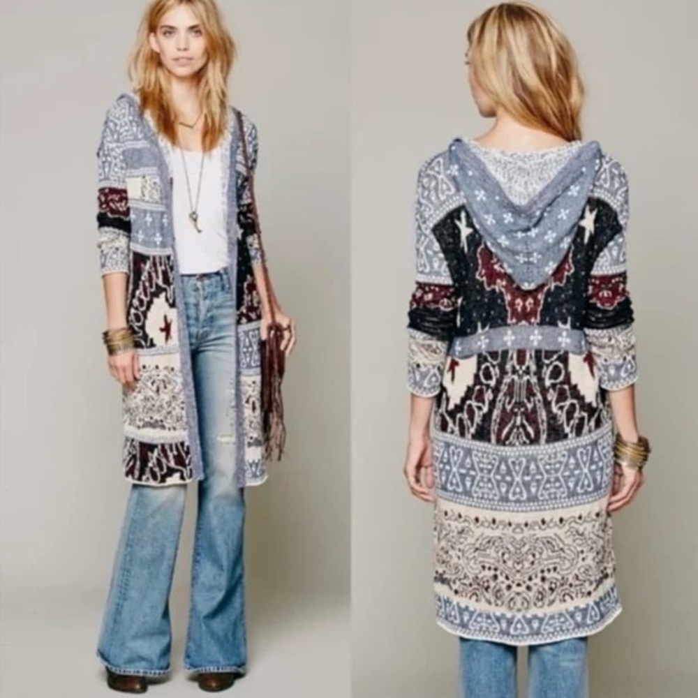 FREE PEOPLE 🇺🇸 Americana Star Pattern Hooded Cardigan Sweater - Picture 3 of 13
